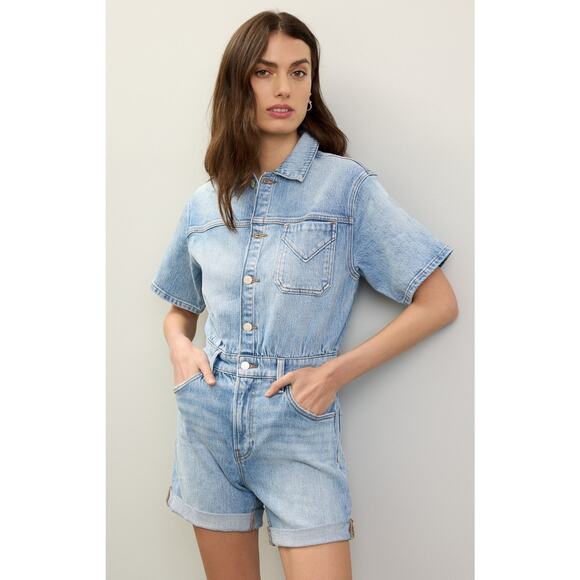 Hudson Sz 28 Denim Blue Jean Short Sleeve Button Front Romper - Picture 1 of 6